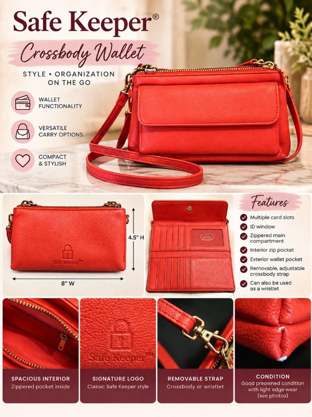 Safe Keeper Red Crossbody Wallet Wristlet Organizer Gold Tone